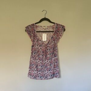 Lucky Brand Pink and Blue Floral Ruffle Sleeve V-Neck Top
